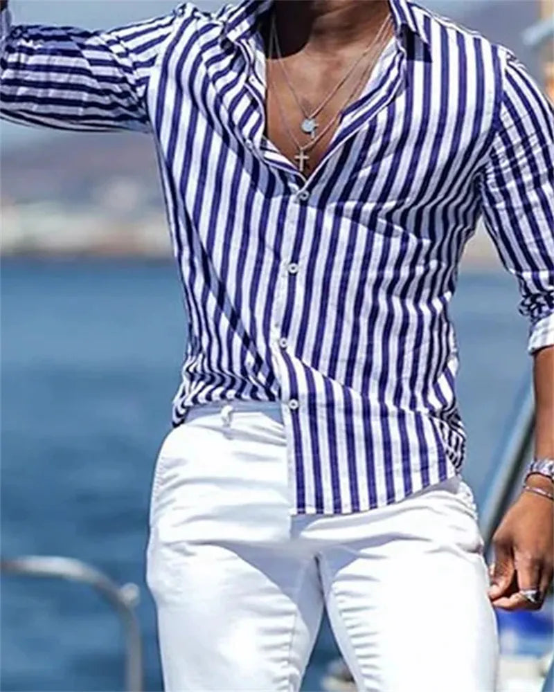 Camisa Masculina de Manga Longa com Estampa Azul e Listras: Elegância e Sofisticação em Cada Detalhe