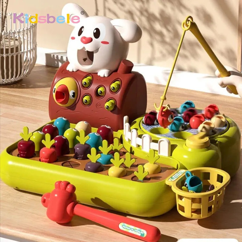 Brinquedo 4 em 1 para Bebês - Pescaria, Whac-A-Mole, Puxar Cenouras e Alimentação para Aprendizado e Diversão