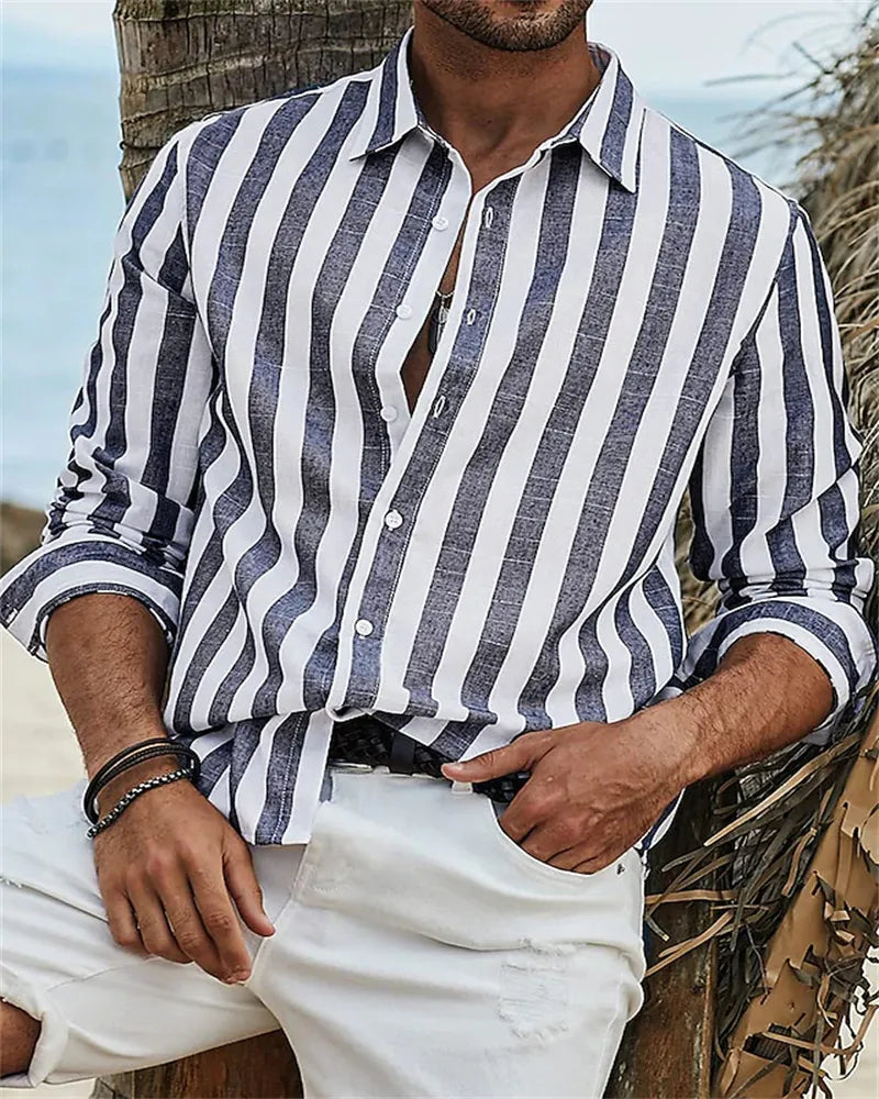 Camisa Masculina de Manga Longa com Estampa Azul e Listras: Elegância e Sofisticação em Cada Detalhe