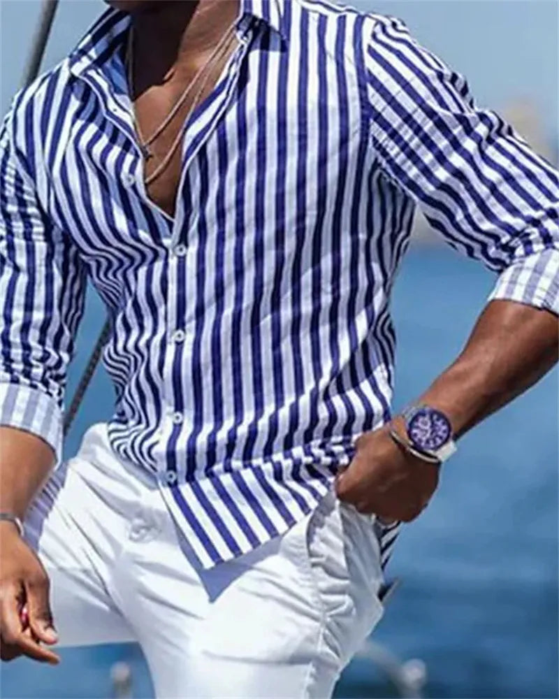 Camisa Masculina de Manga Longa com Estampa Azul e Listras: Elegância e Sofisticação em Cada Detalhe