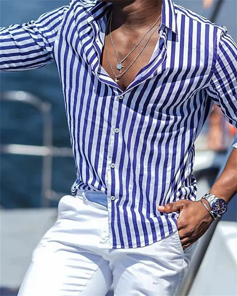 Camisa Masculina de Manga Longa com Estampa Azul e Listras: Elegância e Sofisticação em Cada Detalhe