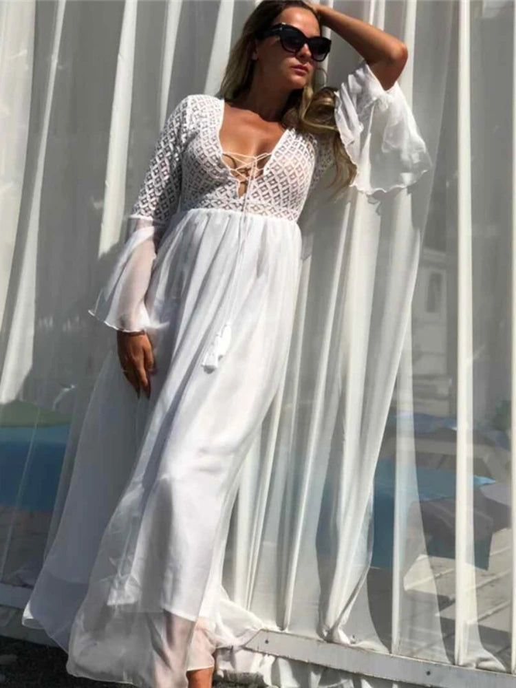 Túnica Longa de Renda Transparente - Saída de Praia Sexy em Branco com Decote em V